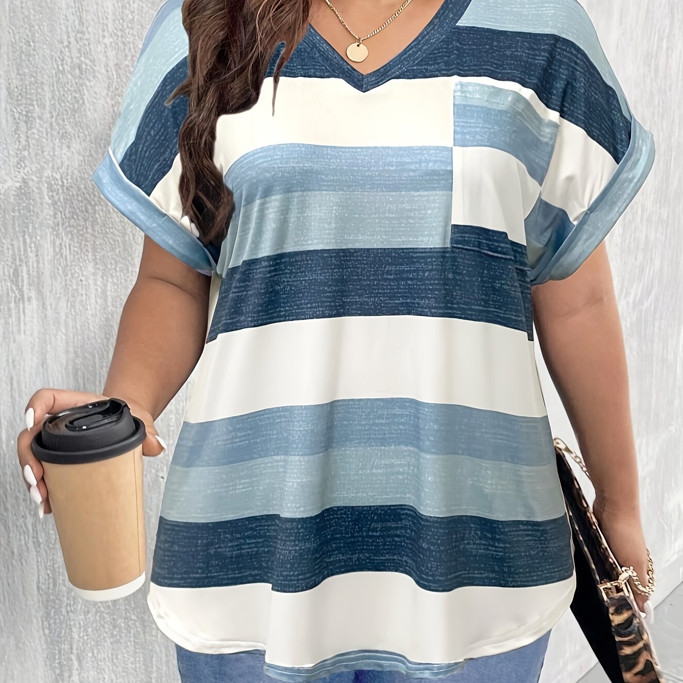 Plus Size Women's Striped V-Neck T-Shirt Casual Short Sleeve Top Light Blue White