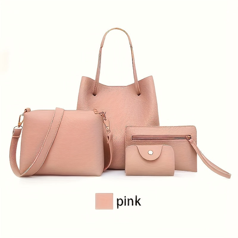 4 ta qora rangli, lychee tuzilishiga ega nafis sumkalar to'plami. Tote sumkasi, hamyon, magnit yopilishi va polyester astariga ega yelka kesim sumkasi kiradi.