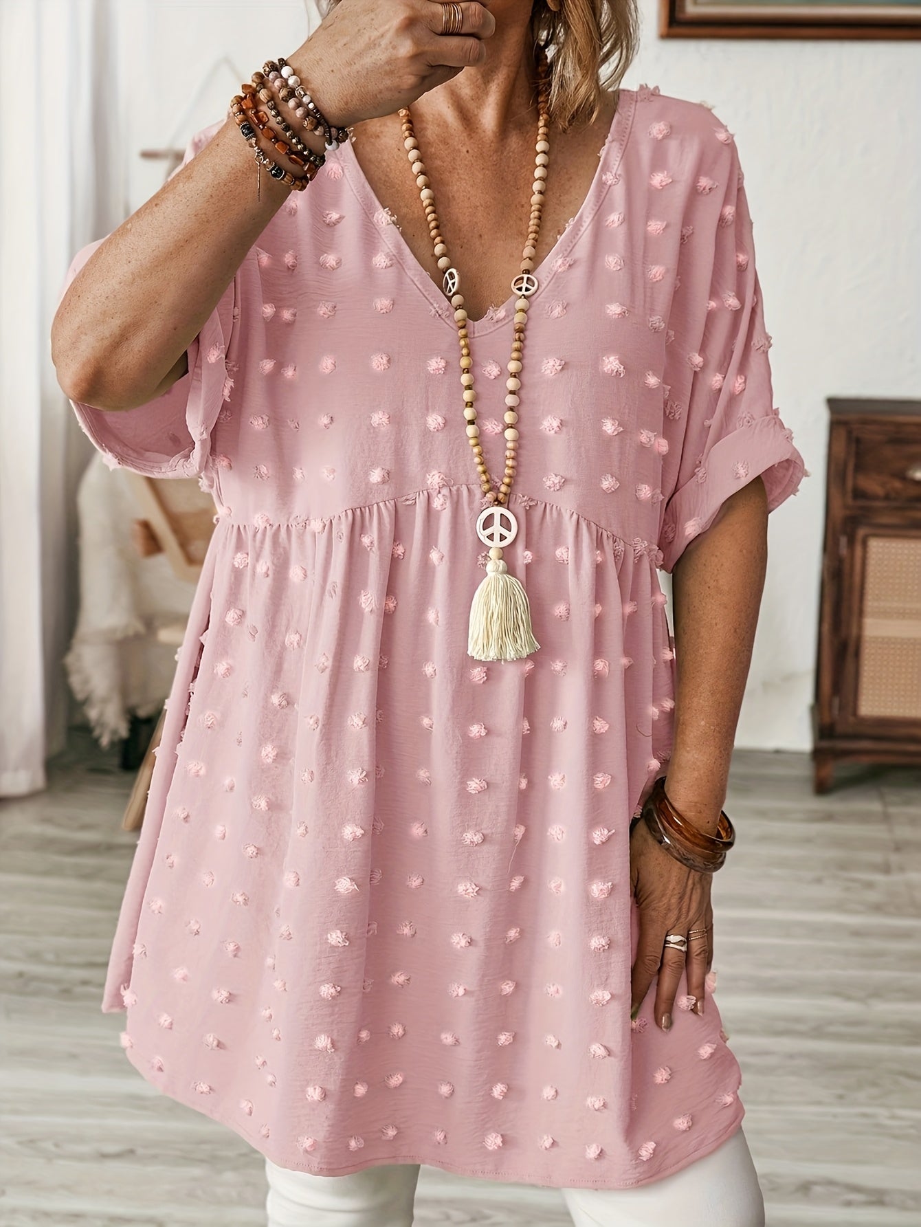 Women's Plus Size V-Neck Batwing Sleeve Blouse Stretchy Polyester Black White Dot