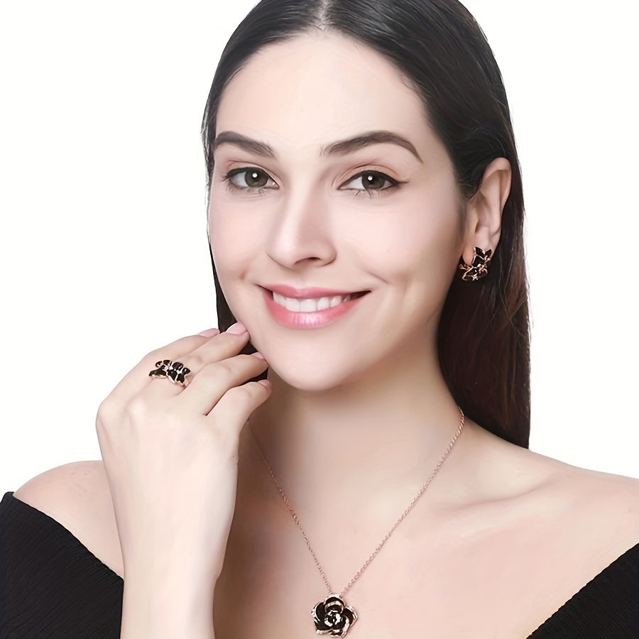 Gold Plated Jewelry Set with Earrings Necklace and Ring Flower Design for Women