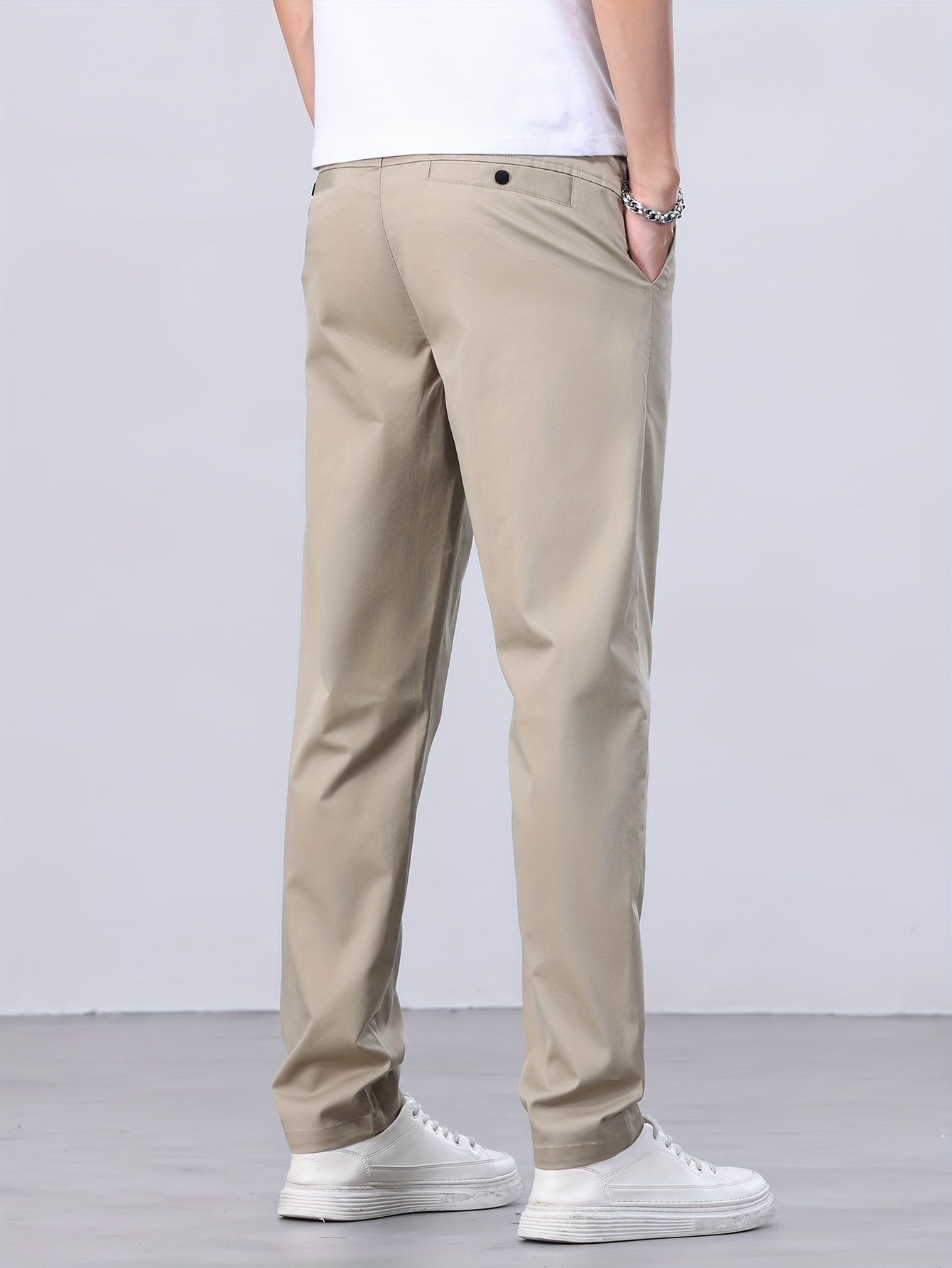 Men's All-Season Casual Pants Caramel Cotton Blend Straight Leg Mid Waist Pockets Zipper Fly