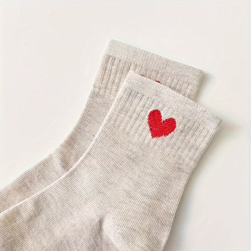 Women's Mid-Tube Socks 5 Pairs Heart Pattern Rib Knit Polyester Comfortable
