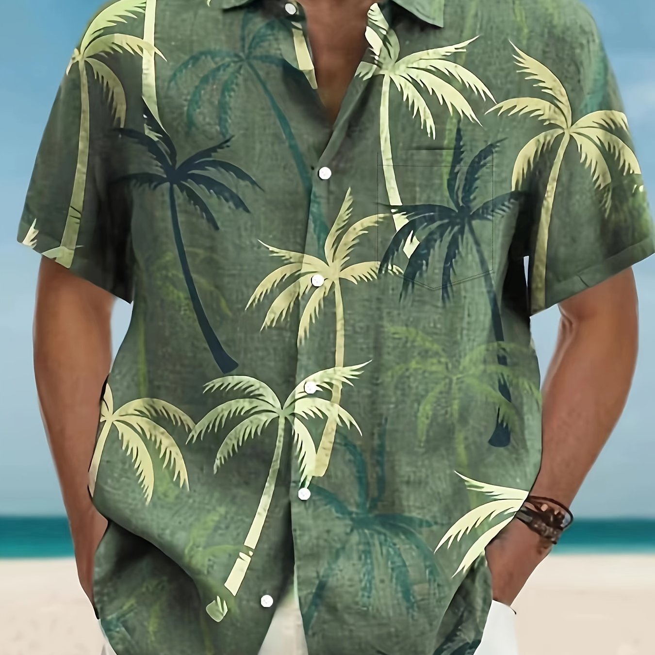 Camisa hawaiana de manga corta para hombre con estampado de palmeras tropicales verdes, cuello en V, ropa de playa y resort
