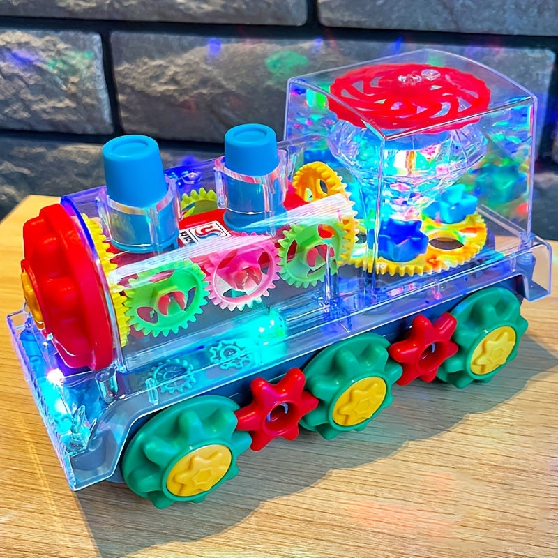 Interactive Red Plastic Toy Train with Lights Music Gear Linkage Rotating Station