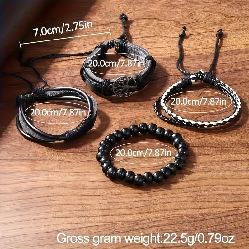Set of 5 Men's Sporty Quartz Watches Round Dial Faux Leather Strap Beaded Tree of Life Bracelet Gift