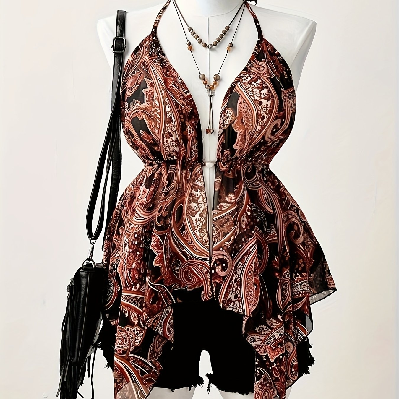 Plus Size Women's Beaded Spaghetti Strapless Top V-Neck Geometric Pattern