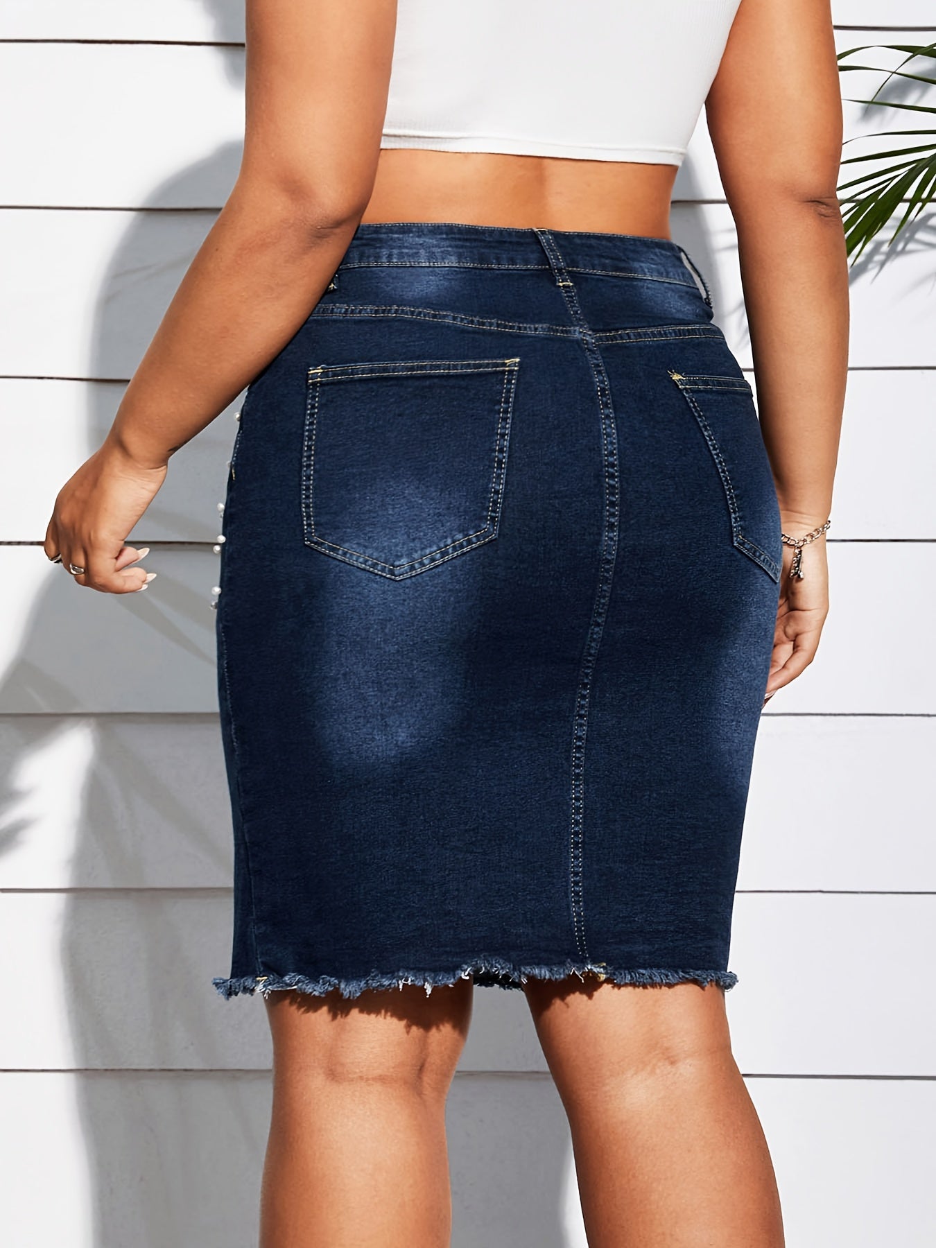 Women's Denim Pencil Skirt High-Waisted Pearl Embellishments Knee-Length Spring Summer Fall