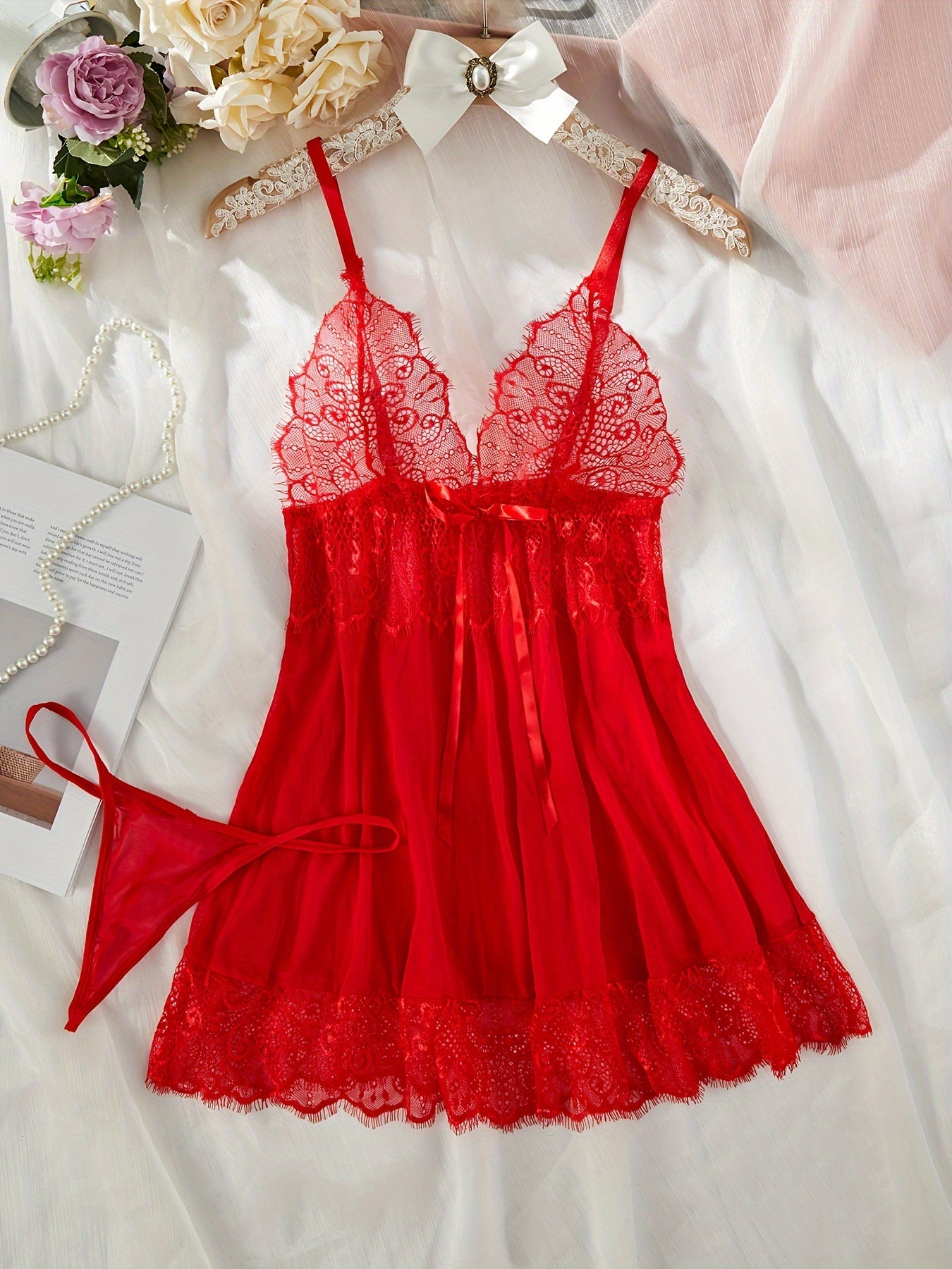Red Lace Lingerie Set with Bow Details, Includes Dress and Thong for Women