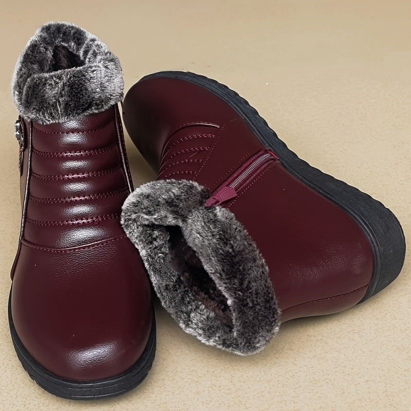 Women's Faux Fur Ankle Boots with Plush Lining Non-Slip Sole Red Bow