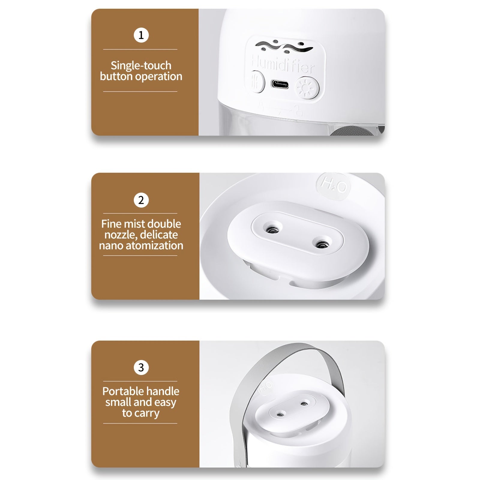 Dual Mist Humidifier 2L with Night Light, Auto Shut-Off, USB Powered