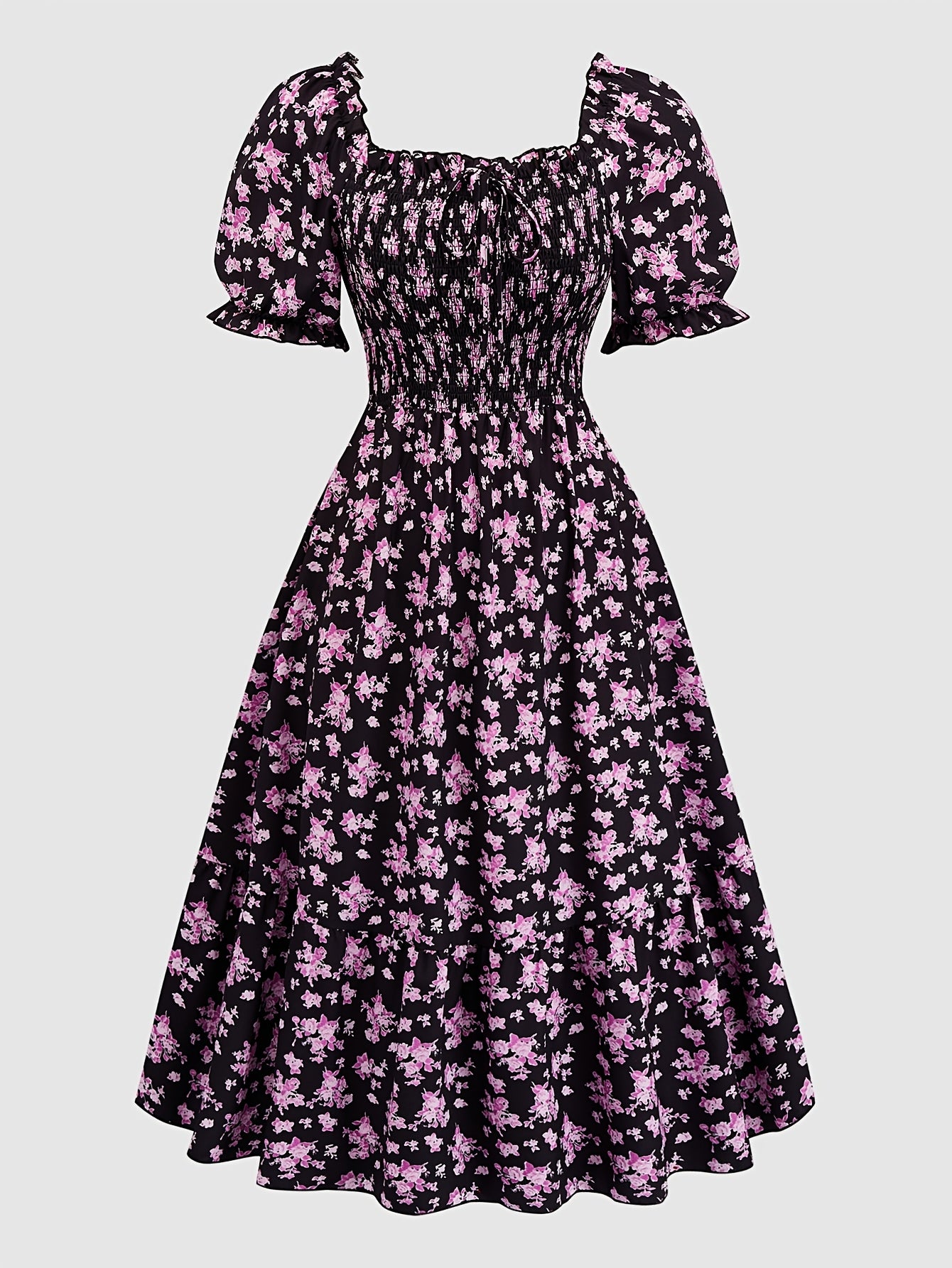 Vestido de talla grande con estampado floral, cintura fruncida, escote cuadrado, mangas cortas y lazo frontal