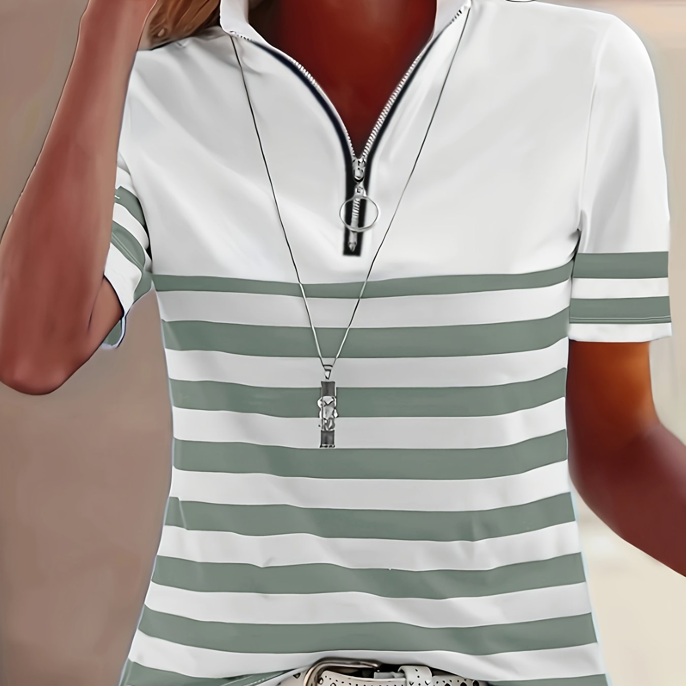 Women's Polyester Striped Casual T-Shirt Short Sleeve Summer Top