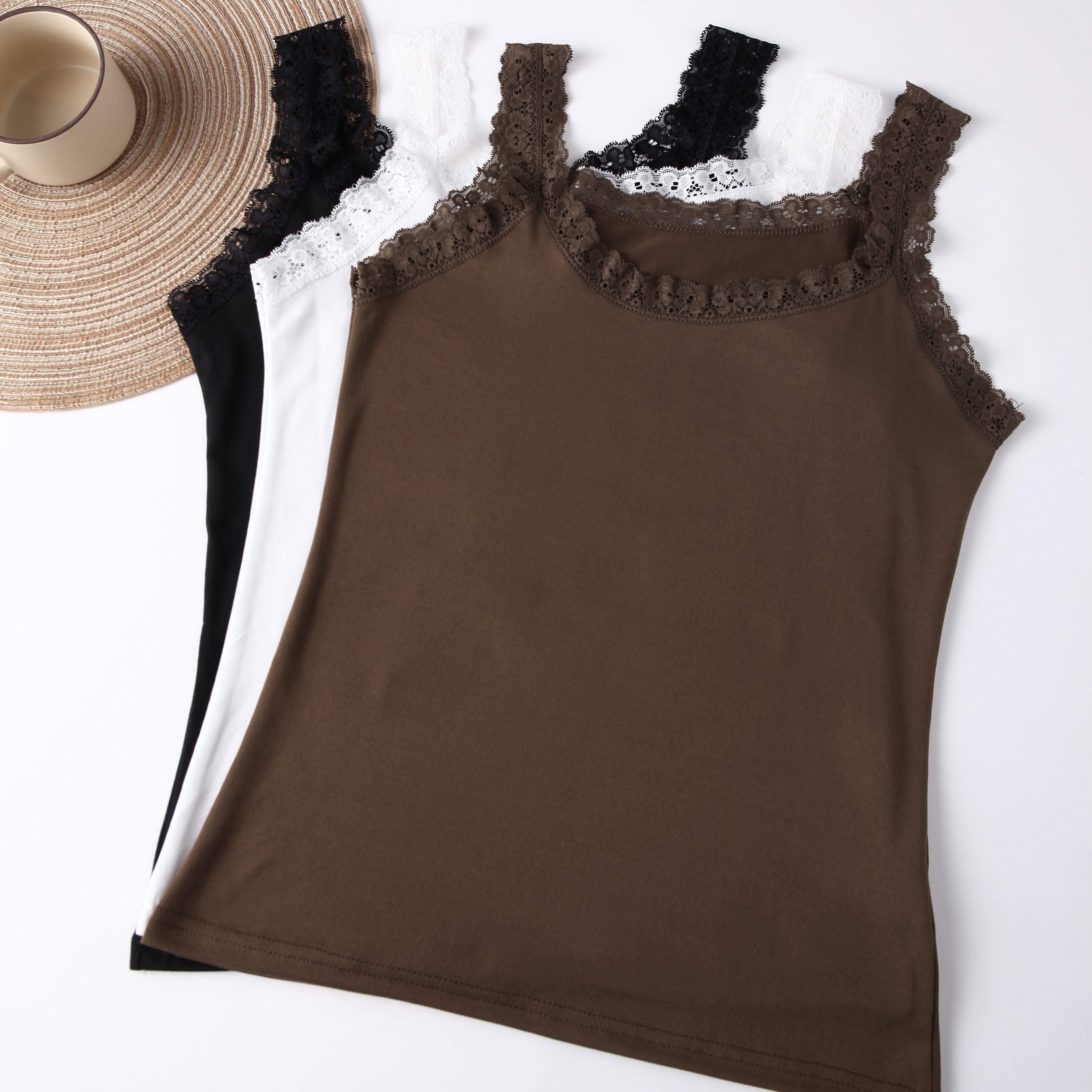 Women's Solid Color Lace Trim Tank Top Set 3 Pieces Underwear Lingerie