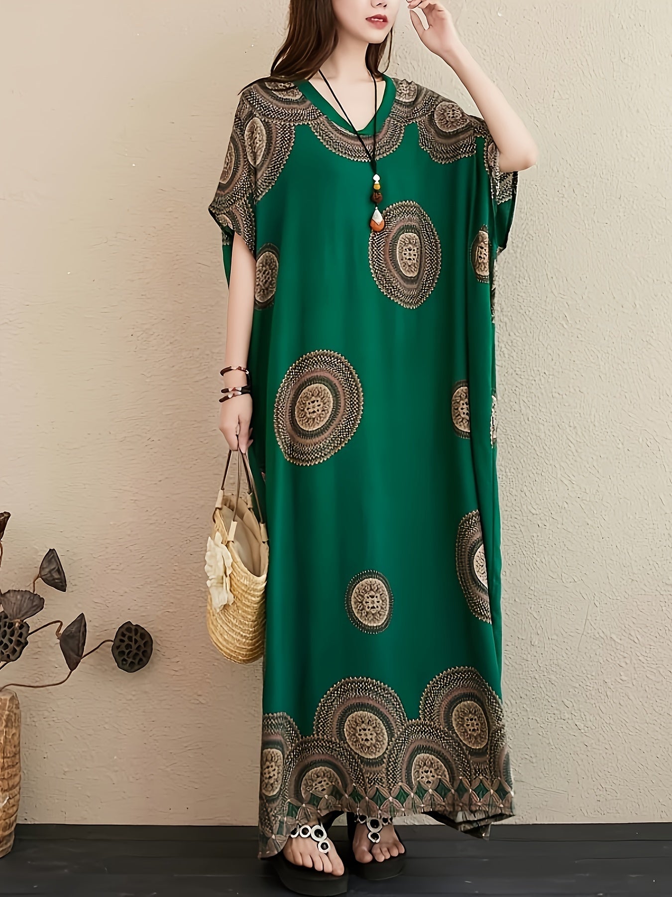 Women's Bohemian V-Neck Maxi Dress Plus Size Long Sleeve Rayon Style