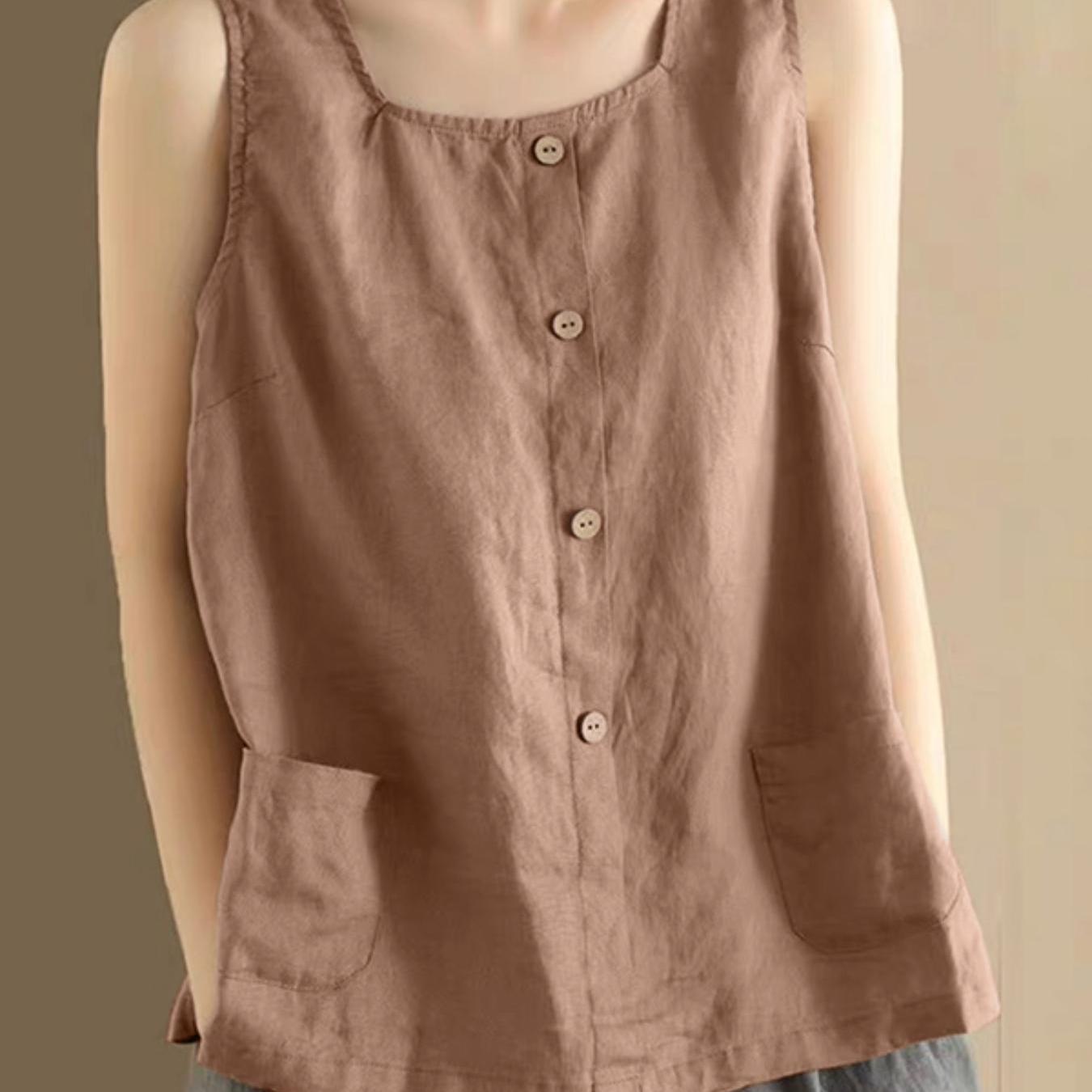 Plus Size Women's Sleeveless Woven Tank Top with Pockets Solid Color