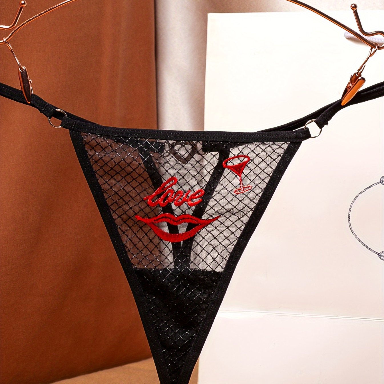 Women’s Mesh Plaid Thong Panties with Love Heart Embroidery and Rhinestones