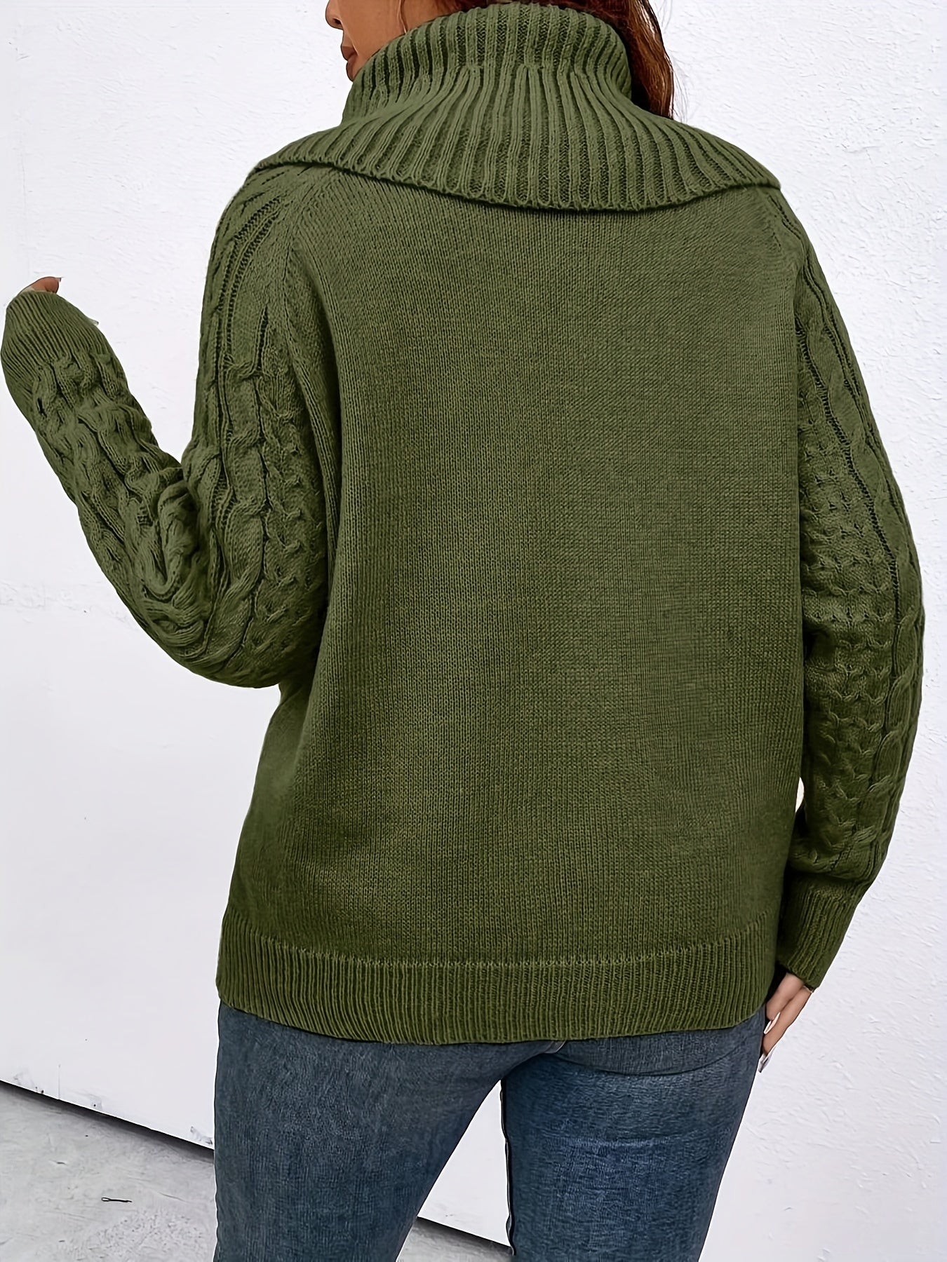 Suéter de cuello alto para mujer talla grande de punto cable de manga larga negro casual