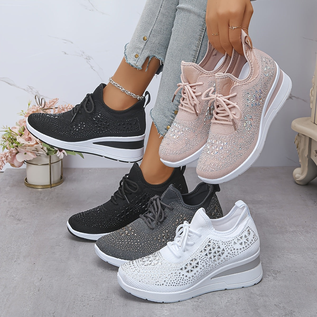 Women's Rhinestone Sneakers Black Casual Low-Top Lace-Up Comfort Footwear