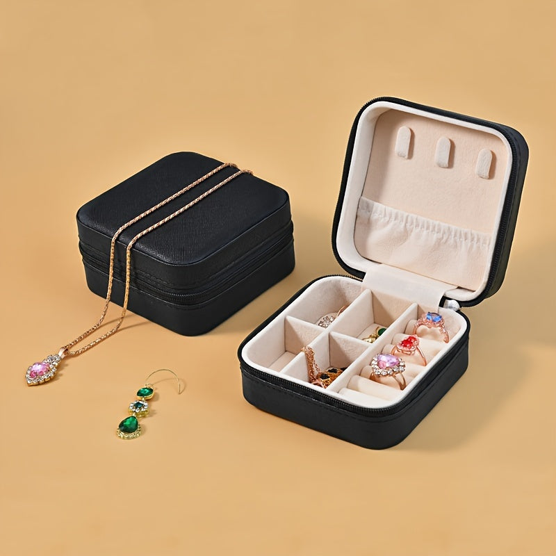 Faux Leather Jewelry Organizer Box with Pink Interior for Earrings Necklaces Rings Compact Travel Case