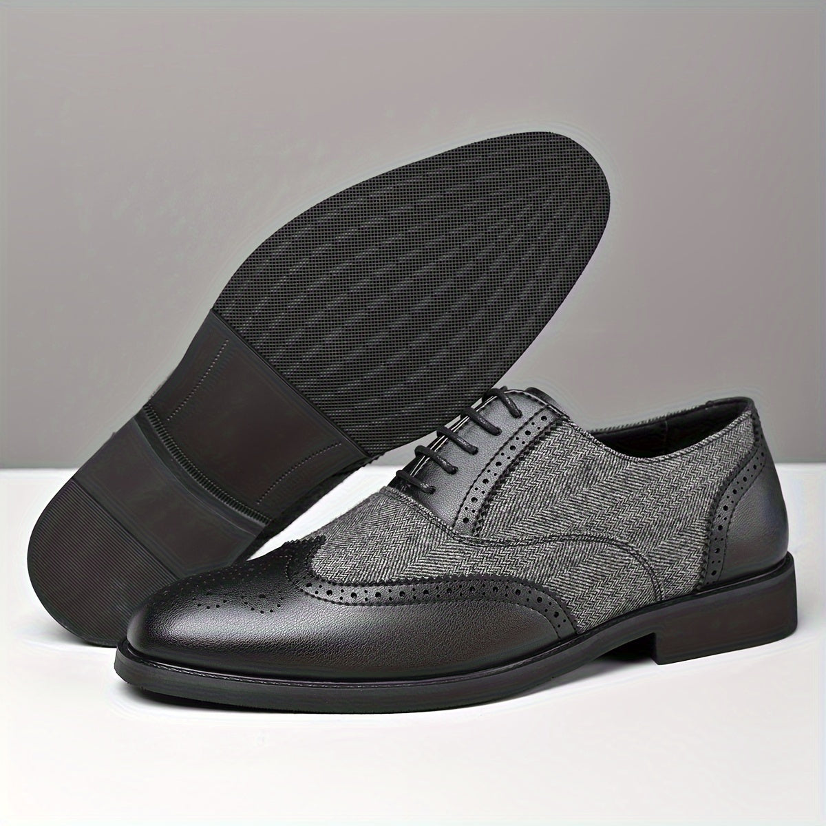 Men's Casual Leather Brogue Oxfords with Wingtip Design Rubber Sole