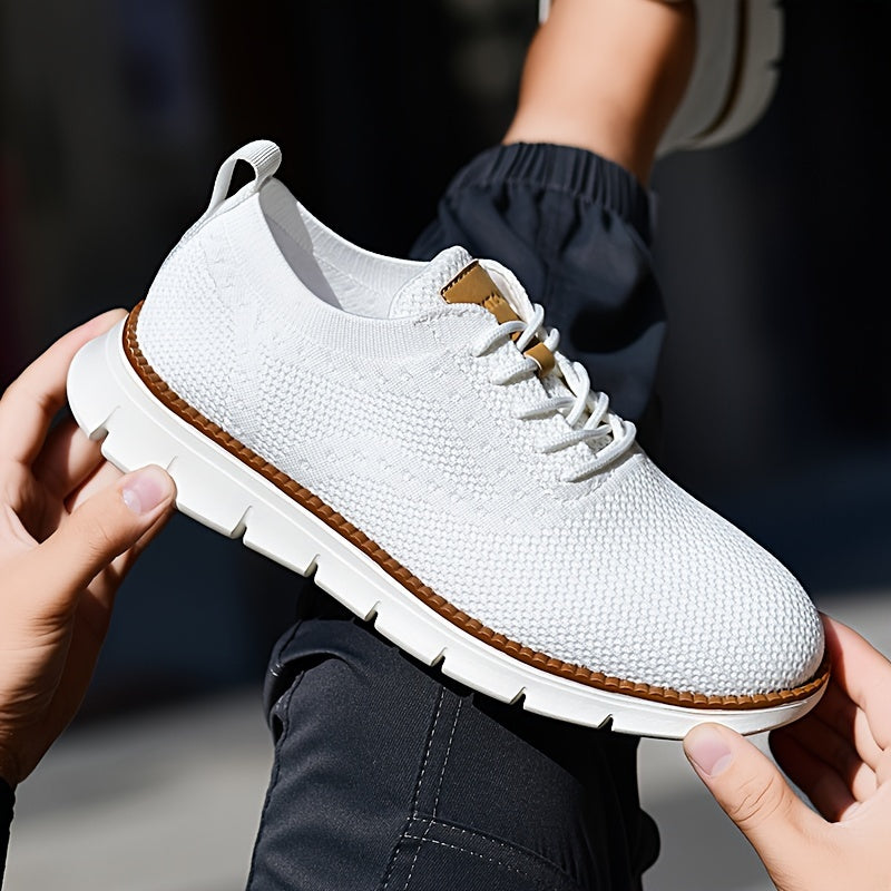 Men's Breathable Knit Business Casual Shoes Beige Brown Leather Upper EVA Sole Round Toe All-Season