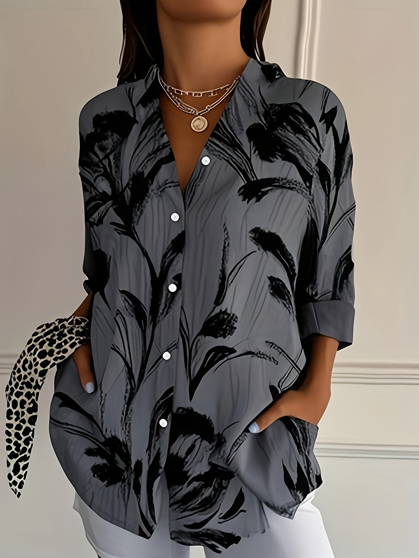 Plus Size Women's Floral Print Long Sleeve Shirt Light Blue Black Casual Blouse