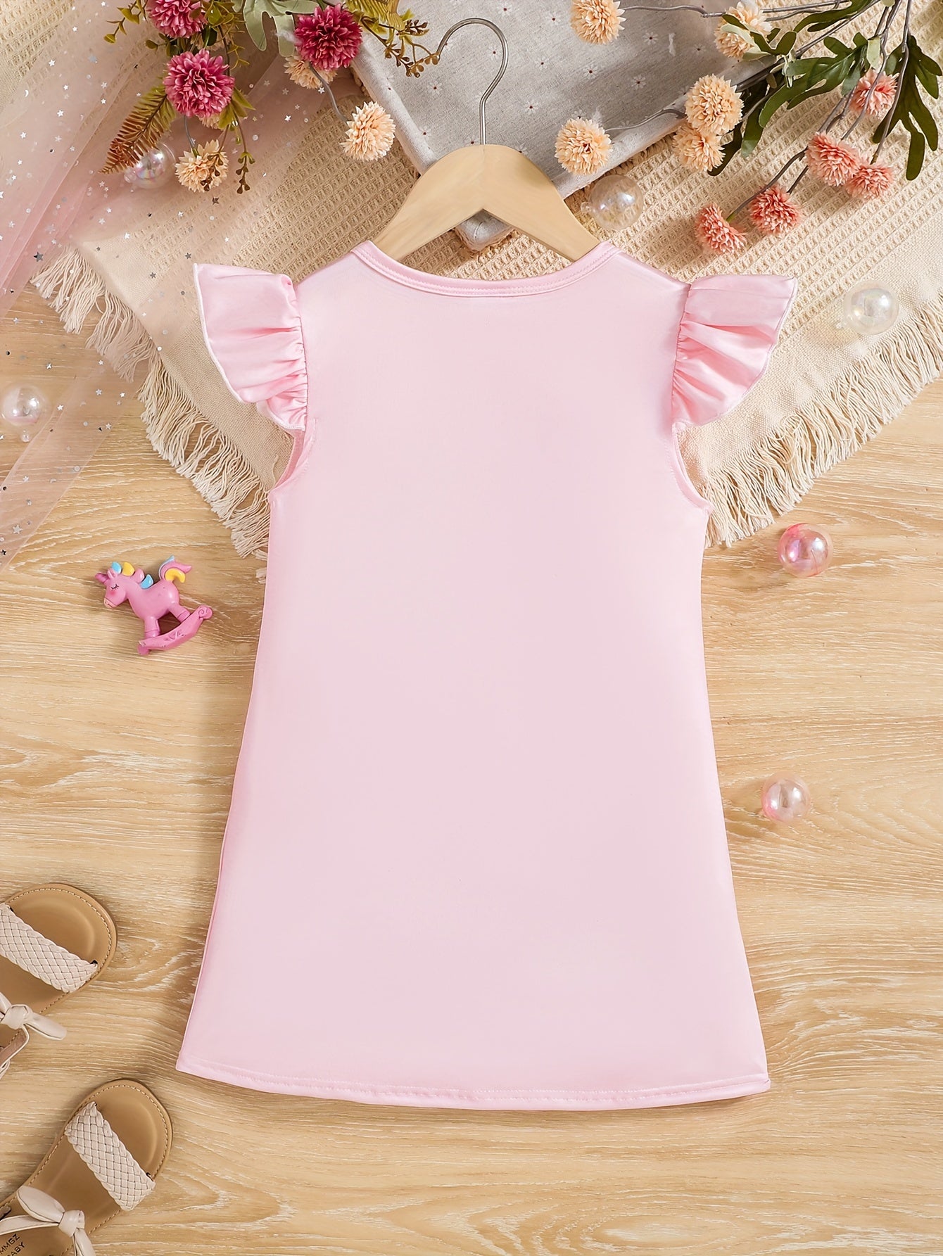 Girls' Polyester Unicorn Dress with Flutter Trim for Spring and Summer