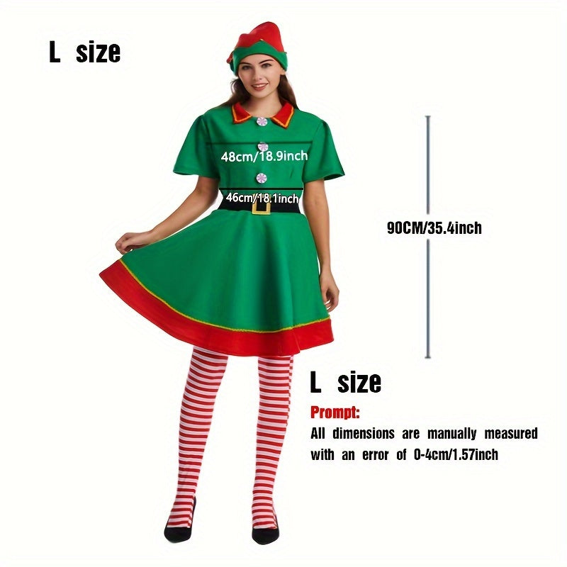Women's Christmas Elf Costume Set Includes Dress Hat Socks Belt Holiday Party Wear