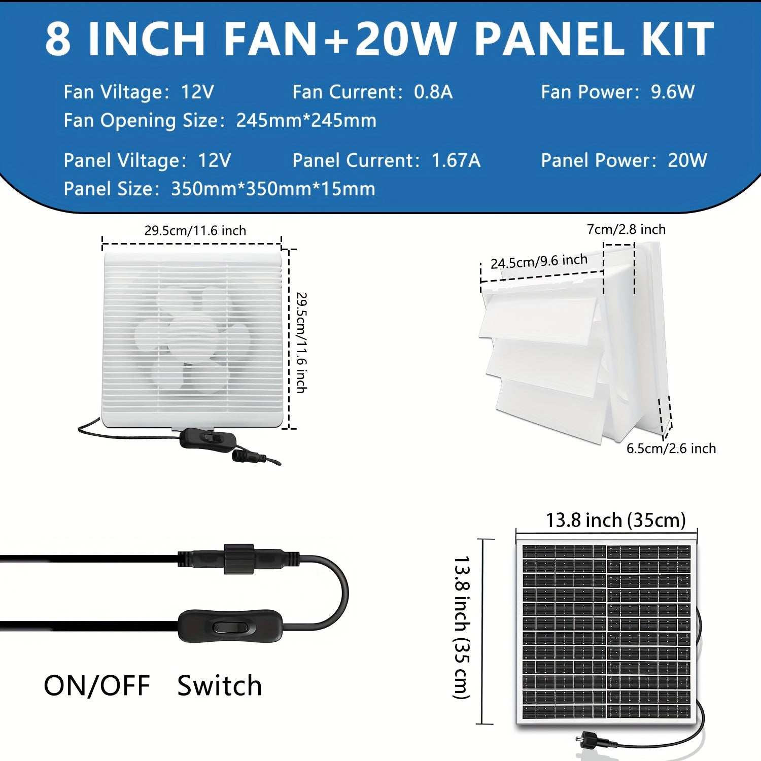 Набор солнечного вытяжного вентилятора 20 Вт, солнечная панель 8 дюймов, вентилятор высокой скорости вентиляции
