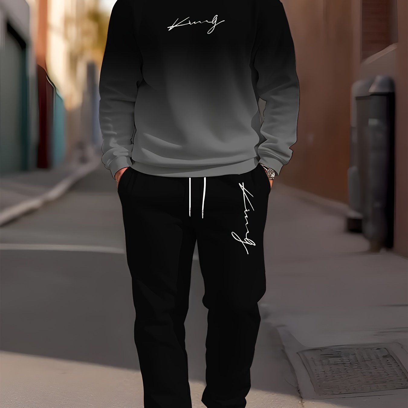 Men's Casual Outfit Set Long Sleeve Crew Neck Tee and Joggers with Print