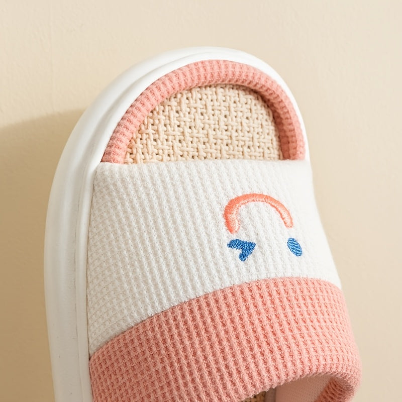 Women Linen Slippers Soft Non-Slip Indoor Shoes Light Blue White Love