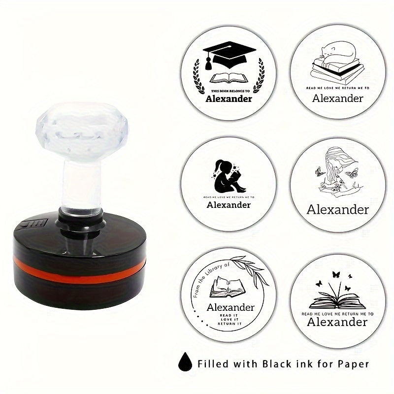 Shaxsiylashtirilgan kutubxona kitobi muhrini o'z-o'zidan bosadigan siyoh bilan, bir nechta tillarda mavjud, kundalik ofis ishlari uchun mos.