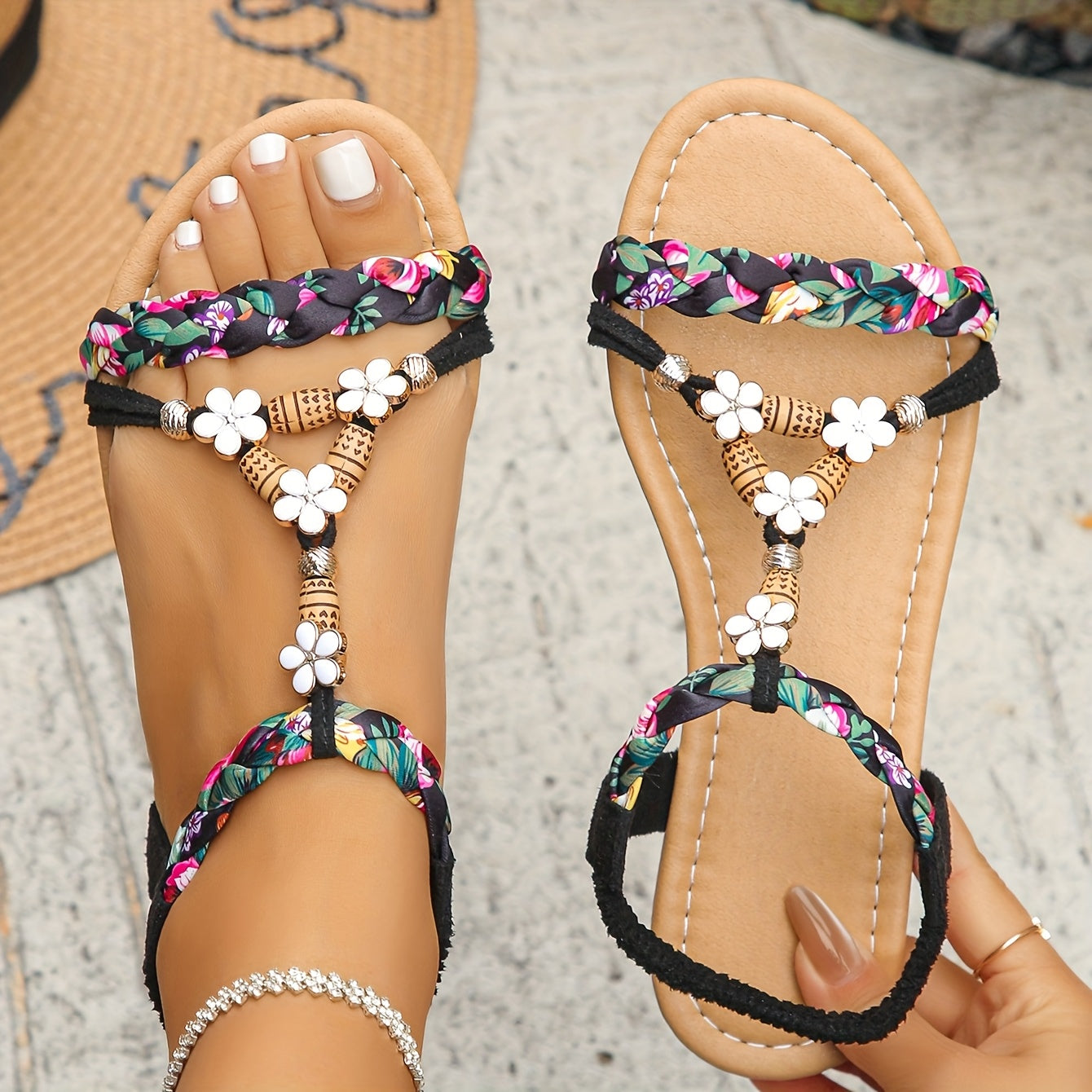 Women's Floral Print Flat Sandals Open Toe T-Strap Summer Casual