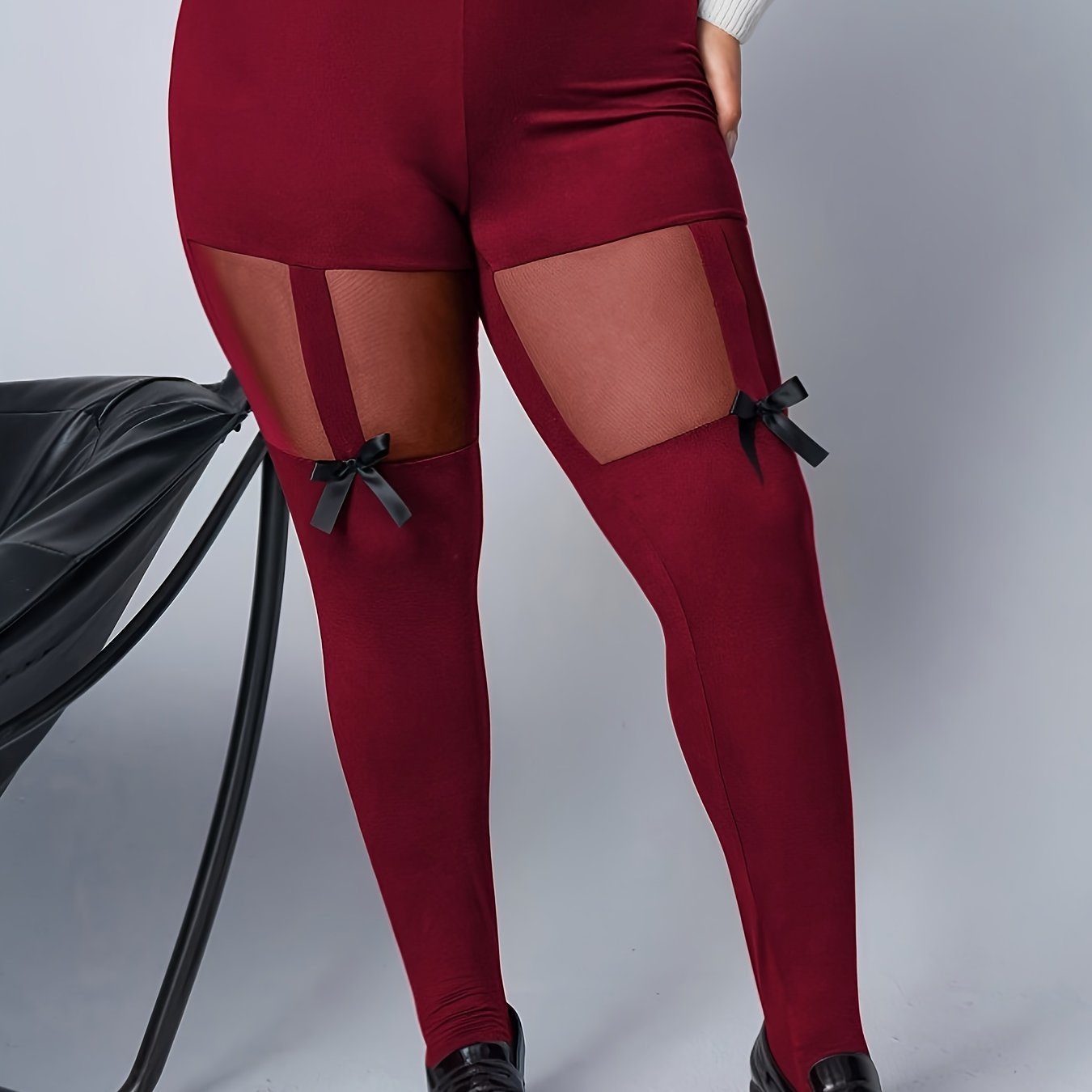 Plus Size Women's Orange Mesh High Waist Leggings with Bow Detail