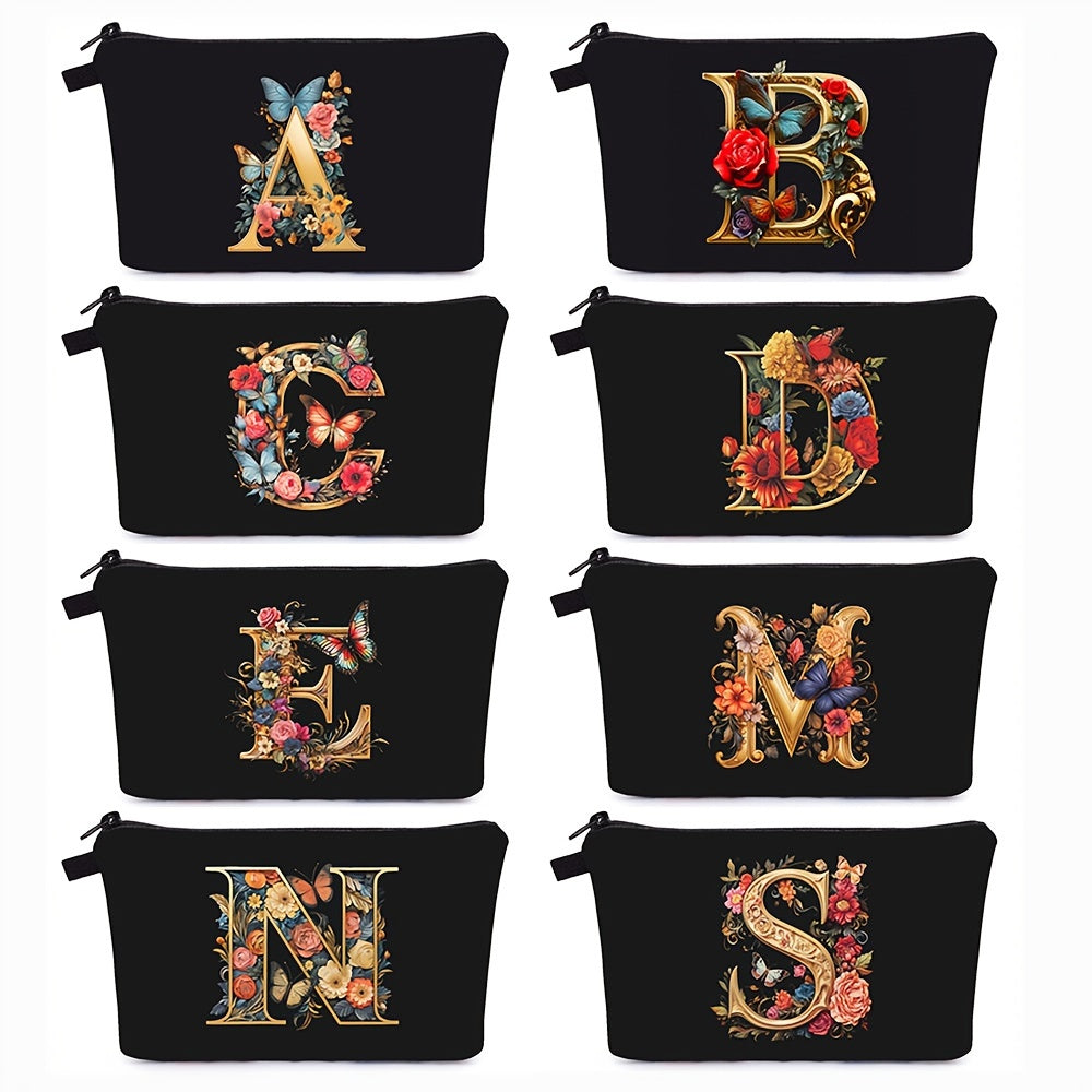 Women's Black Makeup Bag with Butterfly and Flower Pattern for Organizing Beauty Essentials