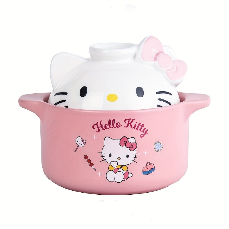 "Одна керамическая кастрюля с мультяшным персонажем Hello Kitty от Sanrio, очаровательная кастрюля для супа с крышкой, многофункциональная кастрюля для приготовления, выпечки и приготовления на пару - очаровательная кухонная посуда"