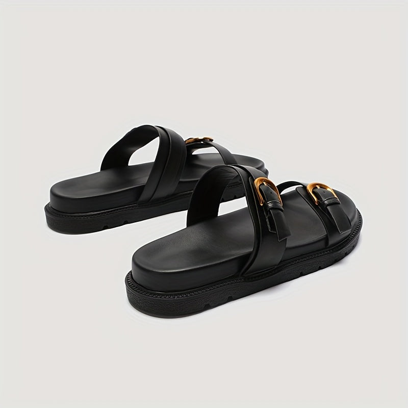 Women's Black Flat Sandals with Buckle Closure, Round Toe, Thick Sole