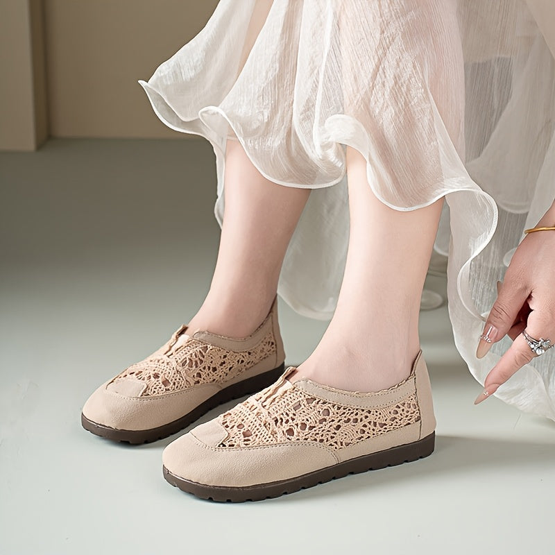 Women's Summer Breathable Lace-Trim Shoes Flat Casual Light Beige