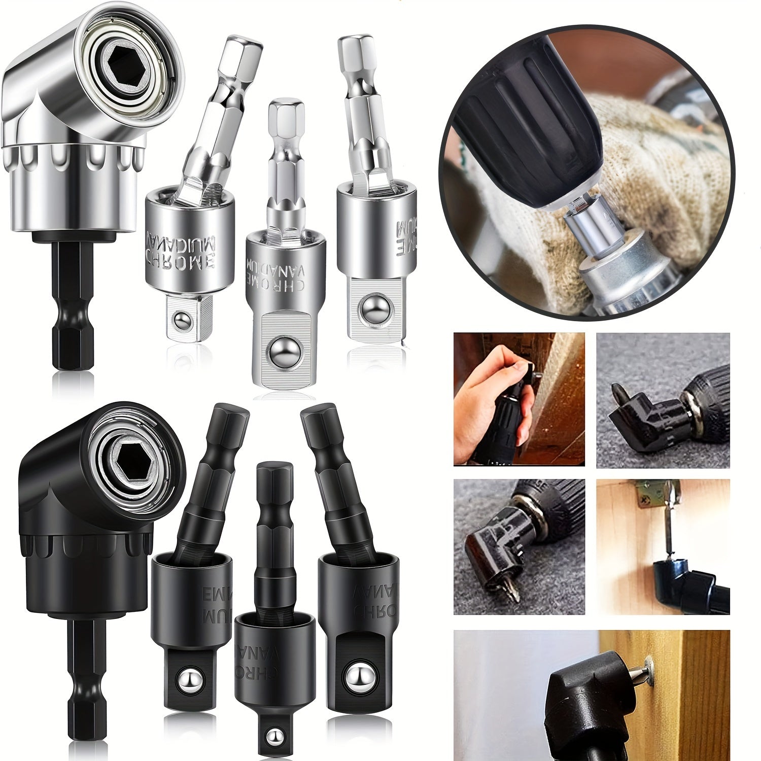 4-Piece Impact Driver Socket Set with 360° Rotatable Hex Shank and 105° Right Angle Holder Chrome Vanadium Steel