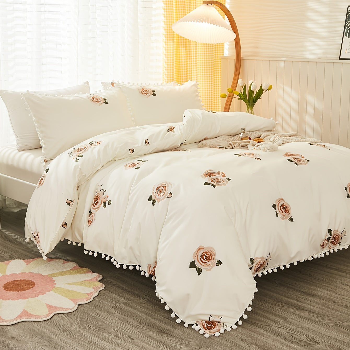 Set of 3 Pastoral Flower Print Duvet Cover Set with Pompom Details Soft Cozy Bedding for Bedroom or Guest Room
