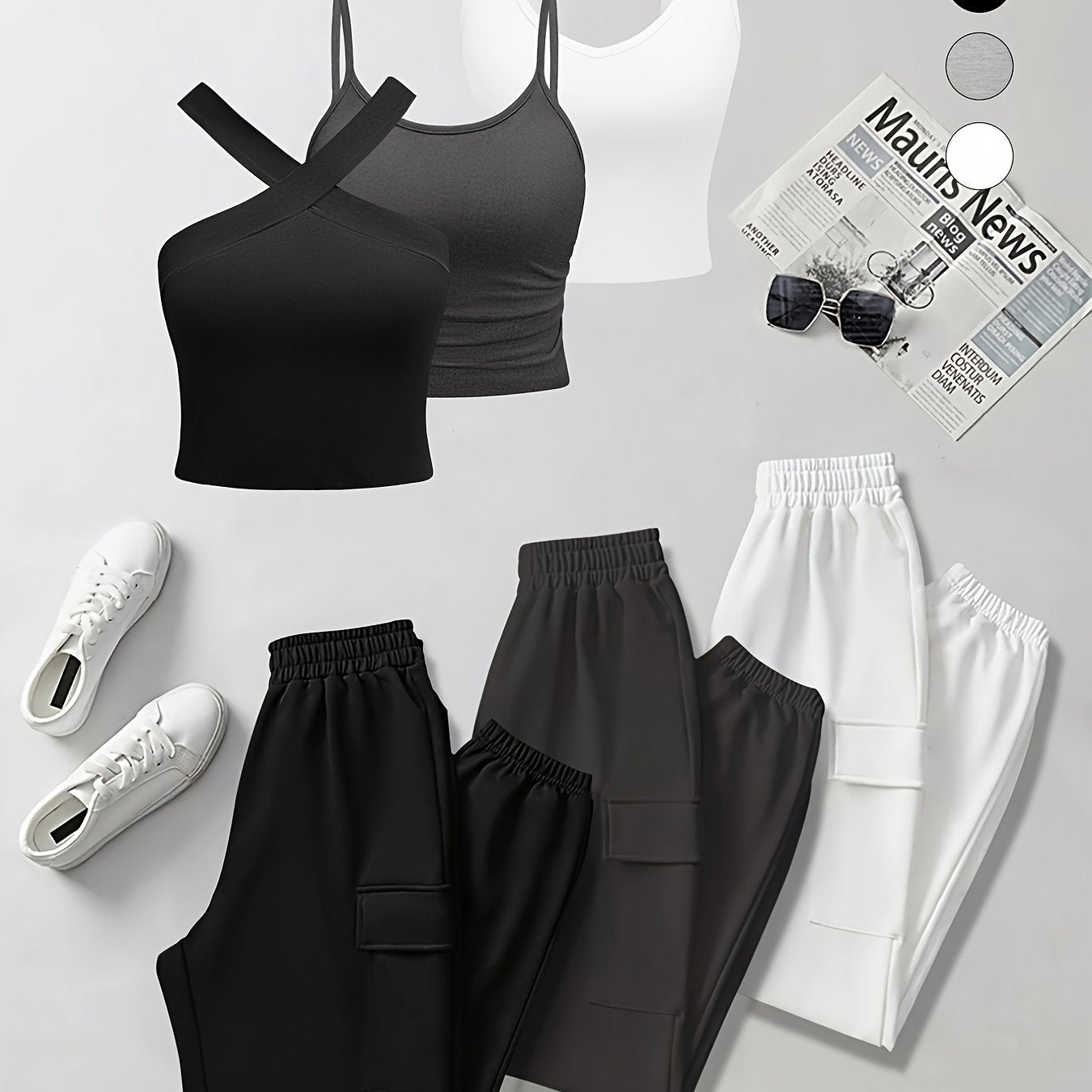 Women's Knit Set 6 Pieces Casual Spring Summer Polyester Blend Crew Neck with Pocket Elastic Waist