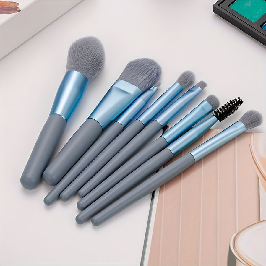 8-Piece Blue Facial Makeup Brush Set for Beginners Portable Travel-Friendly
