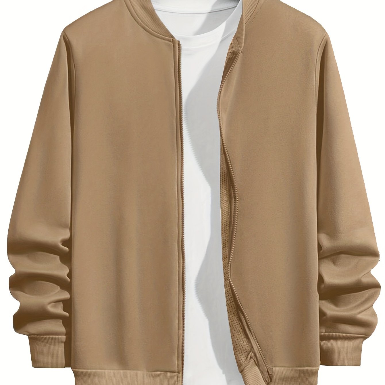 Men's Plus Size Lightweight Polyester Fall Jacket with Baseball Collar Zip-Up Brown White Interior