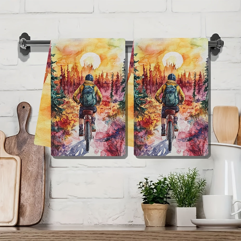 Set of 2 Vibrant Bicycle Adventure Kitchen Towels 40x60cm Absorbent Machine Washable