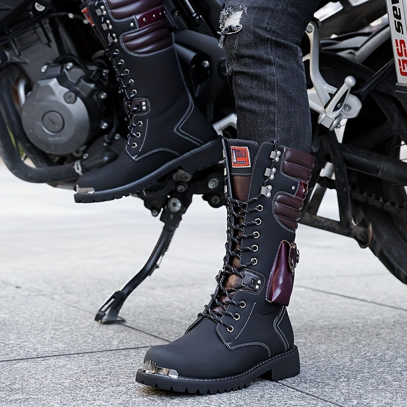 Men's High-Top Leather Motorcycle Boots with Non-Slip Soles for Outdoor and Casual Wear
