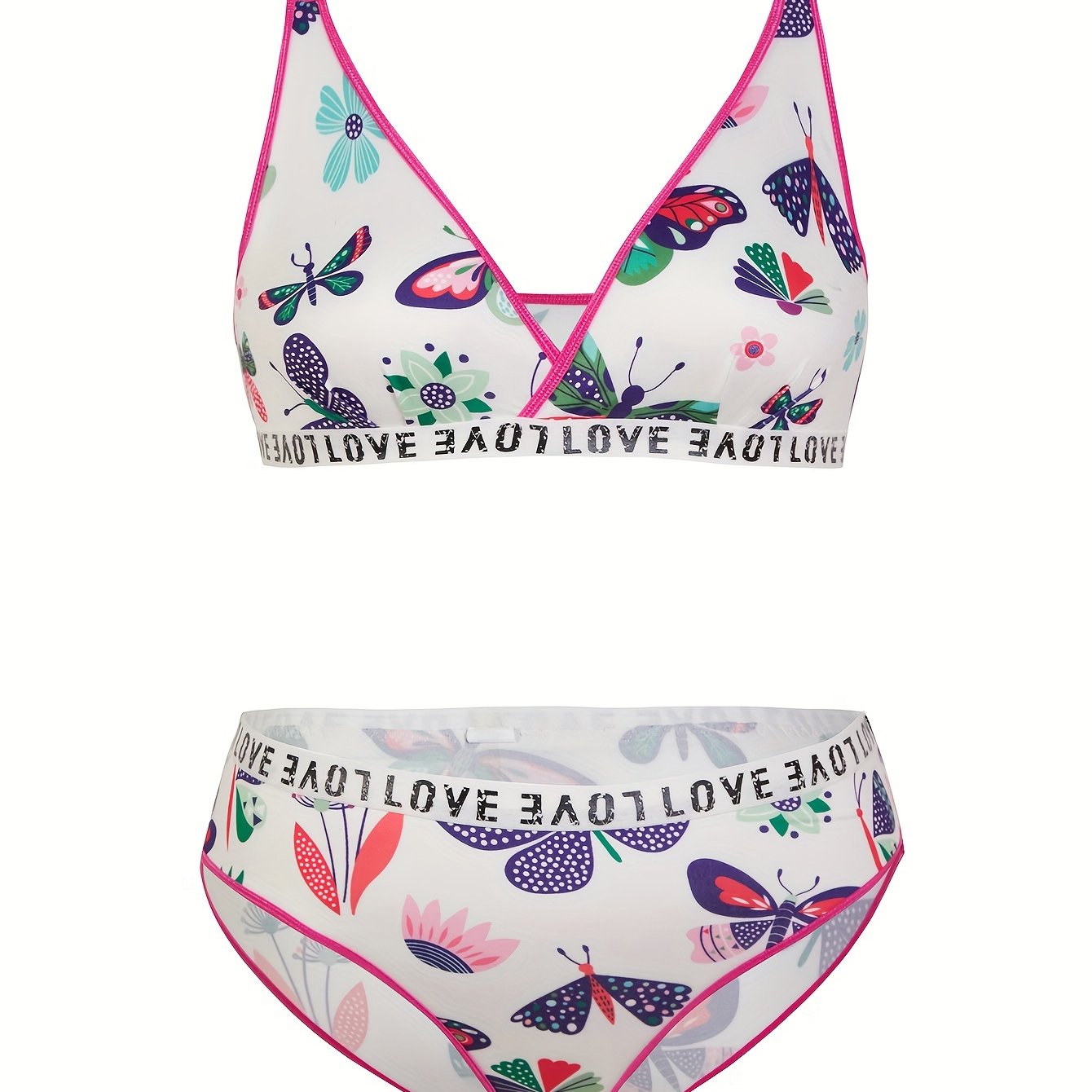 Plus Size Sexy Lingerie Set Butterfly Print Wirefree Bra and Panty