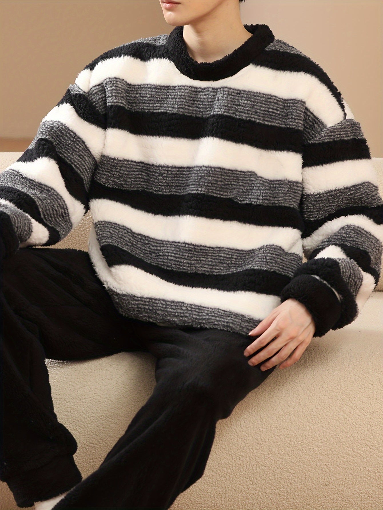 Men's Flannel Pajama Set with Striped Top and Loose Pants for Winter Lounge