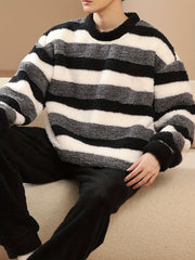 Men's Flannel Pajama Set with Striped Top and Loose Pants for Winter Lounge