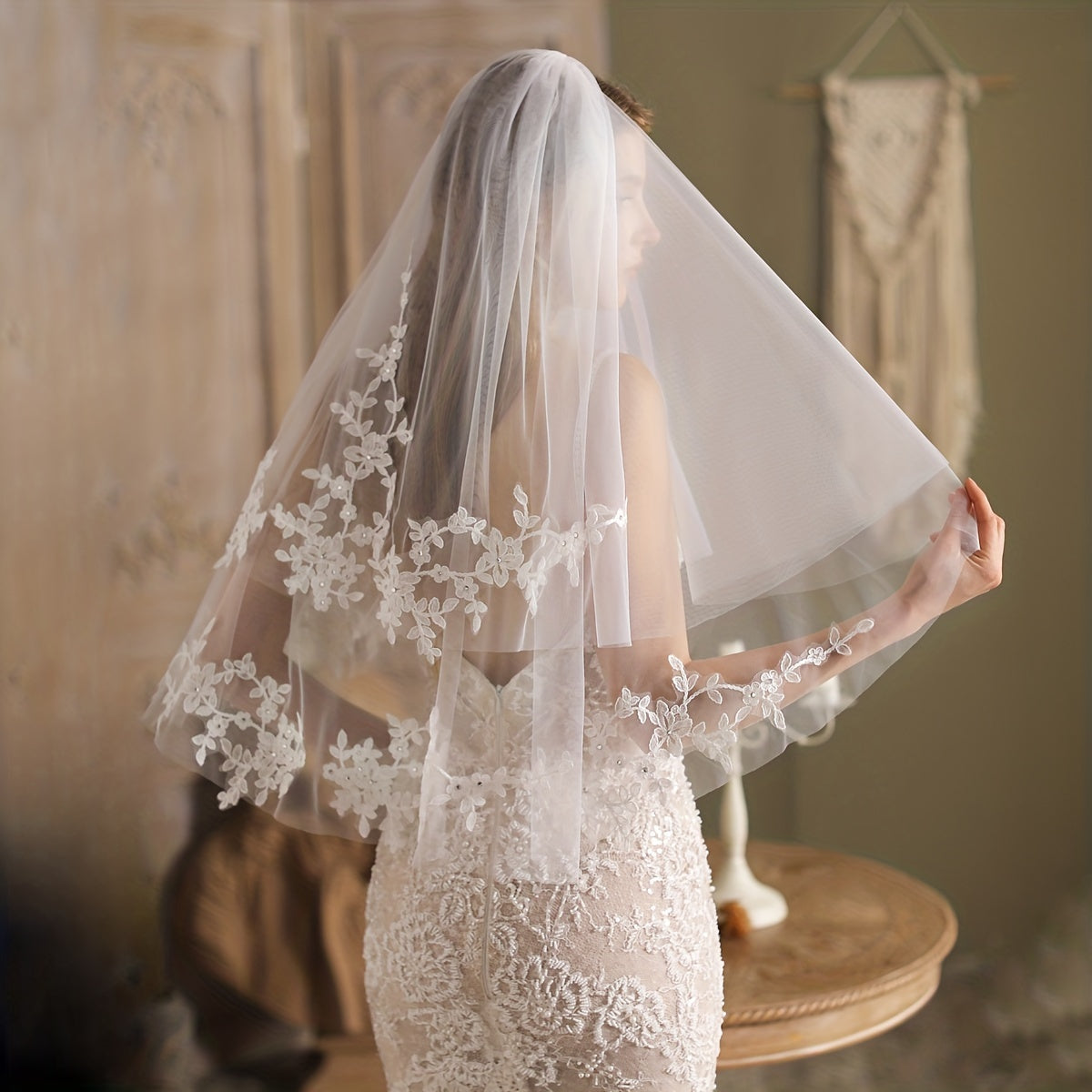 Princess Cathedral Wedding Veil with Flower Lace Mesh 2 Layer Bridal Accessory