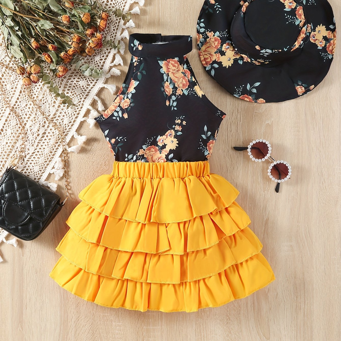 Girls Floral Garter Top Layered Skirt Summer Outfit for Young Girls